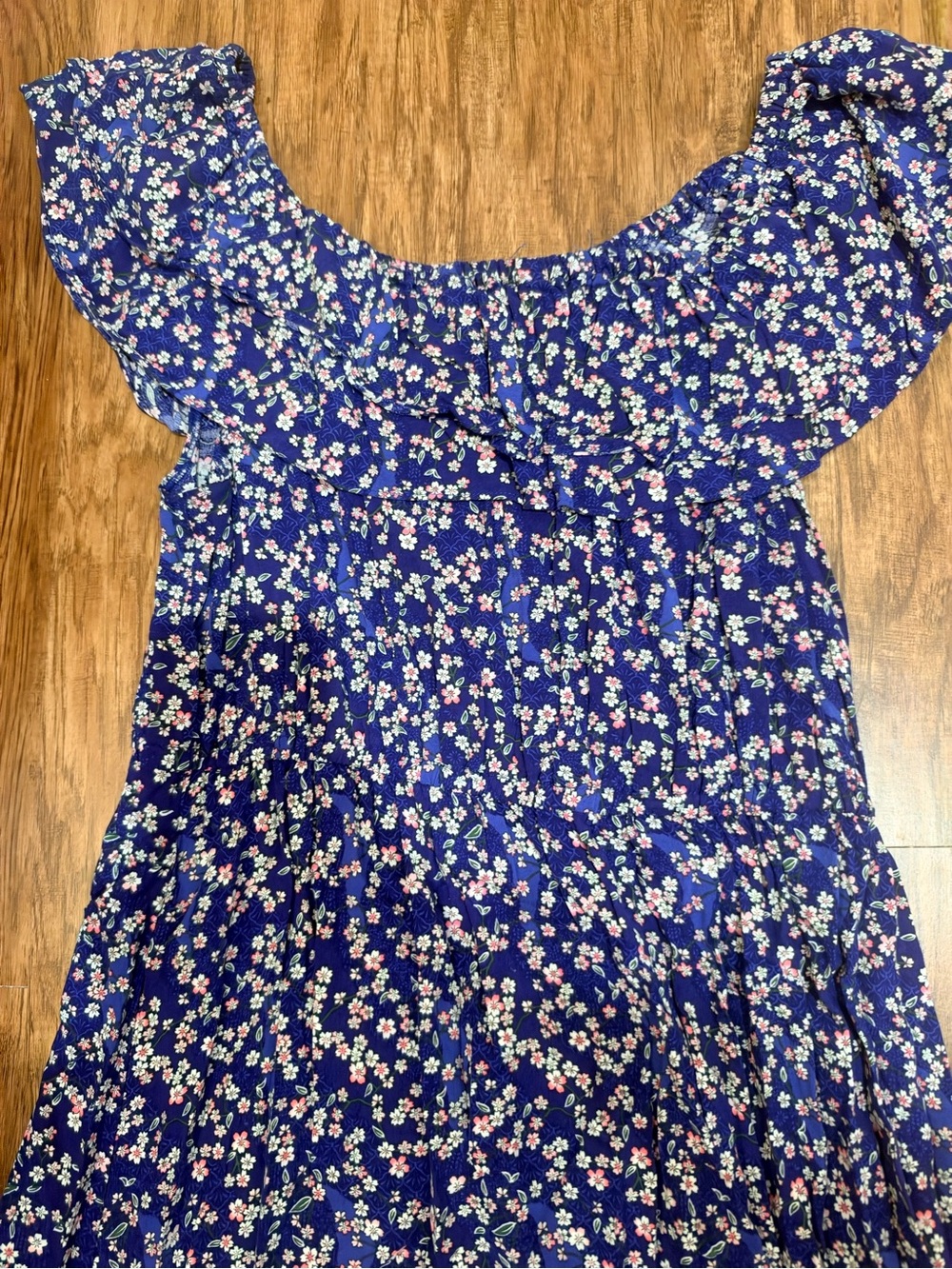 Candalite XL Blue Floral Maxi Dress – Off Shoulder Ruffle – 100% Rayon